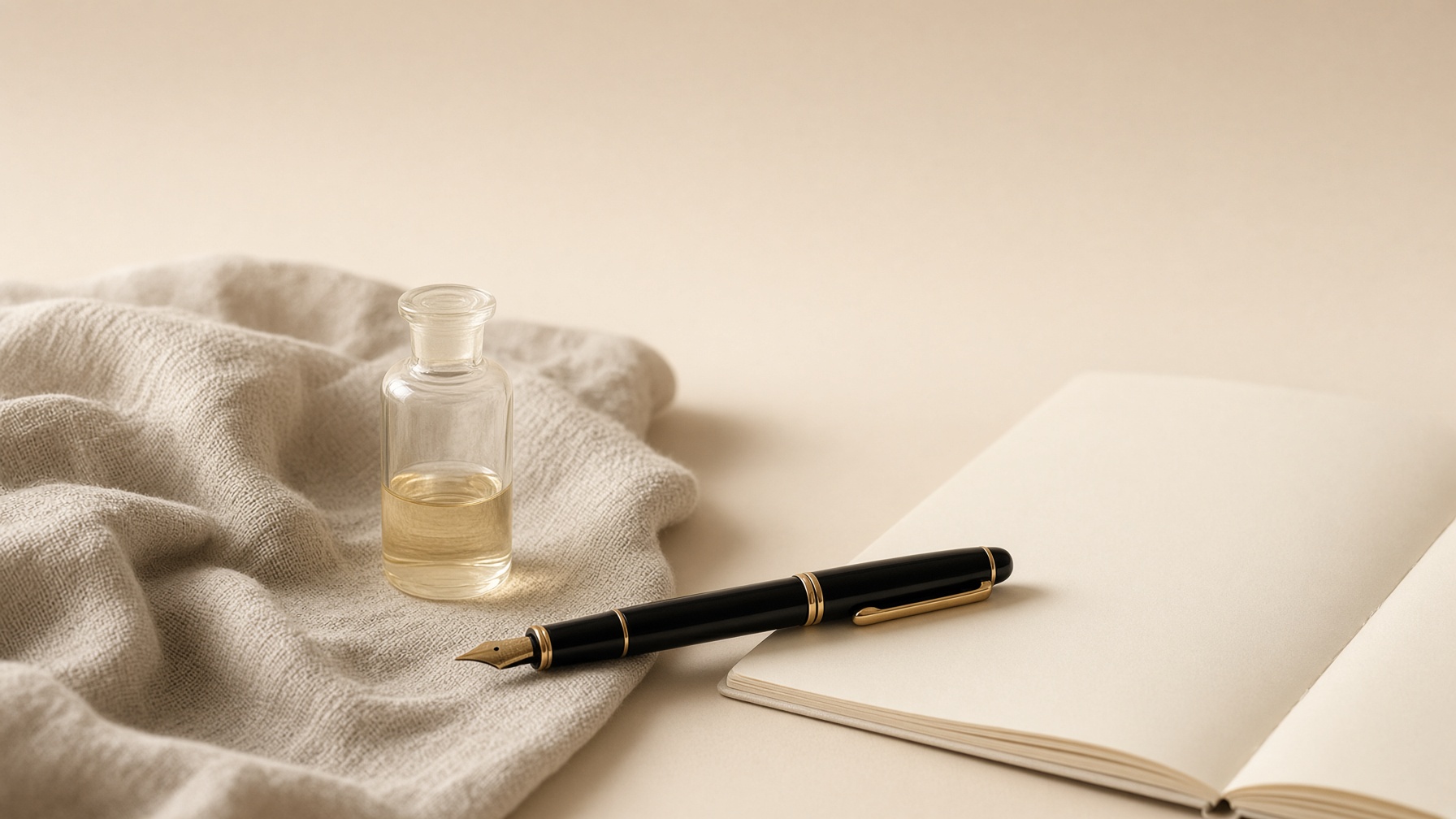 Editorial still life: a glass vial, fountain pen, and paper on a cream desk